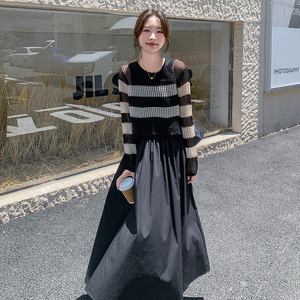 韩系chic黑色吊带裙女春秋2025新款罩衫上衣显瘦连衣裙图片