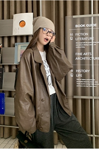 双排扣西装领洋气女复古炸街pu皮夹克学院风咖色美式6057P165K238图片