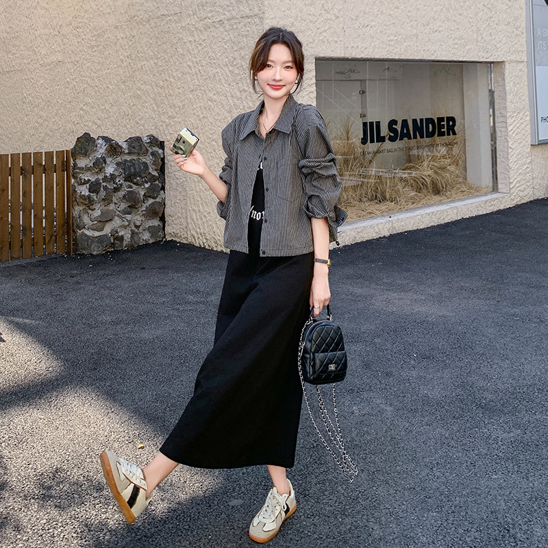 松弛感条纹衬衫外套背心连衣裙套装女2025春季新款韩系休闲两件套,女装套装/套裙,维壹