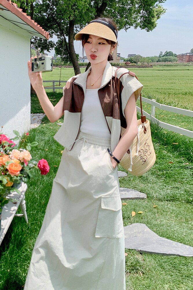 时尚工装风套装裙女夏季新款韩版休闲薄款拼色上衣半身裙两件套潮,女装套装/套裙,维壹