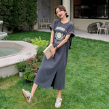 法式盐系慵懒风T恤连衣裙女2025夏季新款韩版宽松显瘦开叉长裙子，女装连衣裙，维壹
