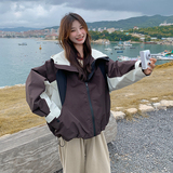 学院风撞色拼接连帽百搭女秋冬设计感夹克衫工装6036咖色P160K228，女装短外套，维壹