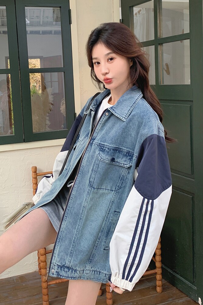 高级感拼接牛仔外套女设计感小众炸街翻领夹克6011P155K218,女装短外套,维壹