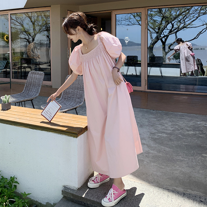 现货!粉色泡泡袖方领连衣裙女夏法式温柔风长裙3009P115控168,女装连衣裙,维壹