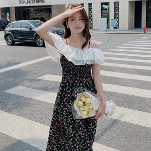 法式一字肩花边拼接茶歇碎花裙女2025夏新款收腰显瘦吊带裙连衣裙图片