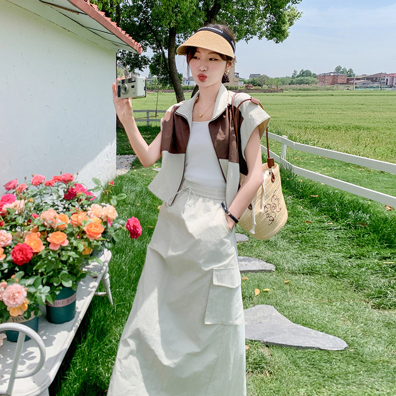 时尚工装风套装裙女夏季新款韩版休闲薄款拼色上衣半身裙两件套潮图片
