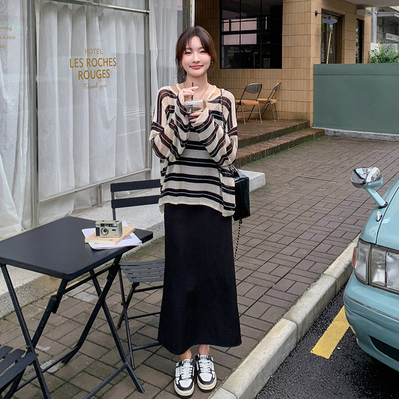 盐系慵懒风罩衫吊带连衣裙套装女春秋新款法式气质温柔风两件套潮,女装套装/套裙,维壹