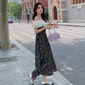 法式一字肩花边拼接茶歇碎花裙女2025夏新款收腰显瘦吊带裙连衣裙图片