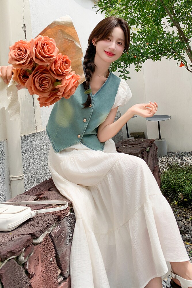 现货！泡泡袖牛仔短袖上衣蛋糕半裙两件套5070P140K198,女装套装/套裙,维壹