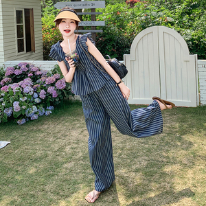 时尚炸街条纹套装女夏季2025新款韩版飞飞袖上衣直筒阔腿裤两件套图片