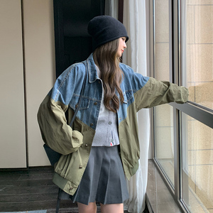 绿色设计感拼接牛仔短外套女2024春季新款韩系小个子宽松棒球服潮图片