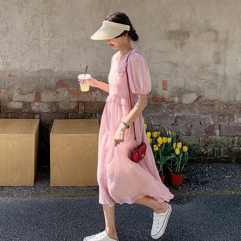 法式初恋奶甜泡泡袖连衣裙女夏2025新款超好看粉色绝美收腰长裙子图片