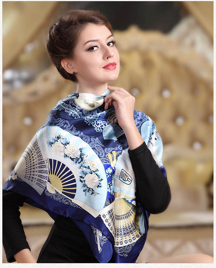 民族风外事礼品加厚真丝加大方巾100%桑蚕丝110丝巾中式扇子围巾