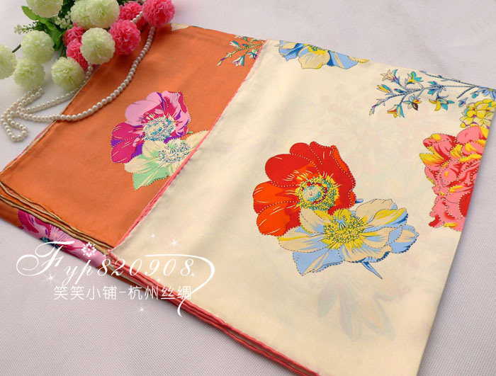 新品100%桑蚕丝礼品丝巾加厚真丝110cm特大方巾两用围巾披肩花卉