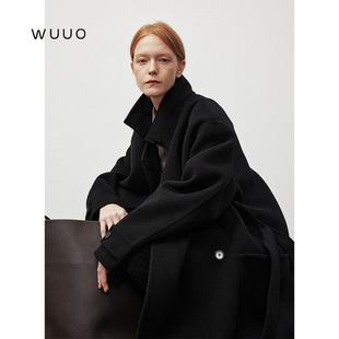 WUUO 黑色大衣女款2026新款秋冬纯羊毛长款双面呢子加厚毛呢外套