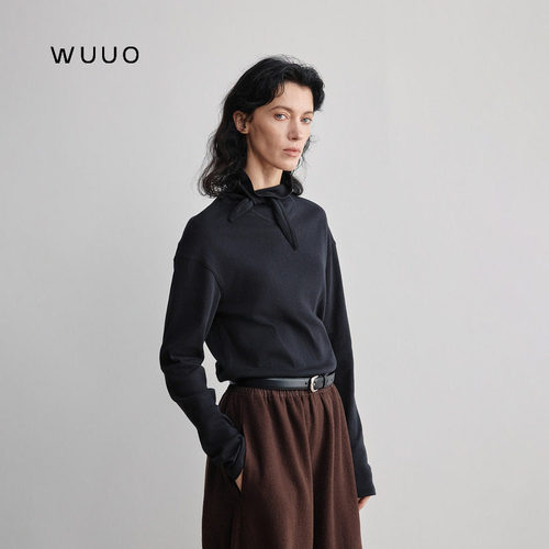 WUUO【显瘦纸片人】亚麻针织T恤女内搭2026年秋氛围感围巾领上衣