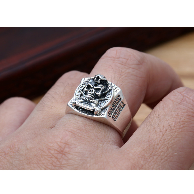 US.ARMY.Sniper大兵狙击手眼镜蛇指环 925银美军士兵骷髅头戒指