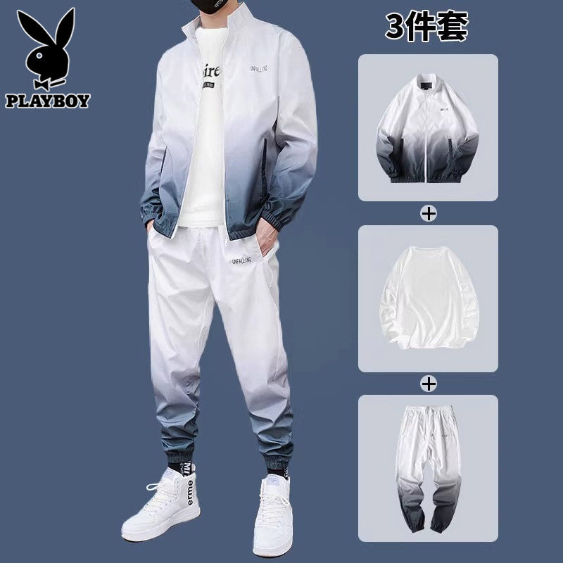 花花公子春秋季套装男士三件套衣服潮牌搭配帅气新款休闲运动一套