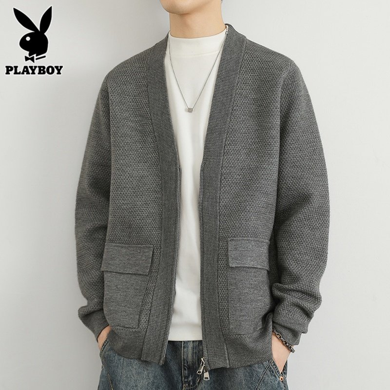 花花公子开衫毛衣男士针织衫2024年秋季韩版潮流休闲灰色外套男款