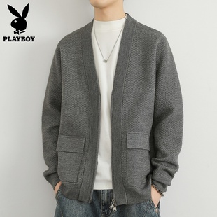 花花公子开衫毛衣男士针织衫2024年秋季韩版潮流休闲灰色外套男款