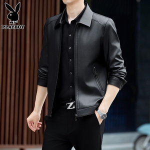 花花公子男士皮衣外套2024新款春秋季简约潮流绵羊皮翻领皮夹克男