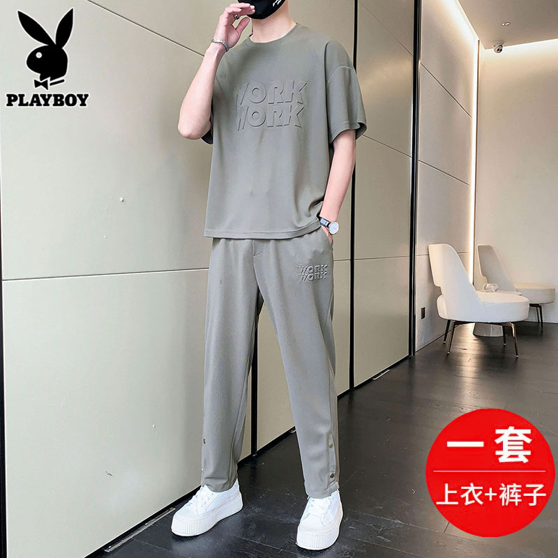花花公子夏季短袖套装男士潮流搭配帅气男装2023新款休闲运动服男