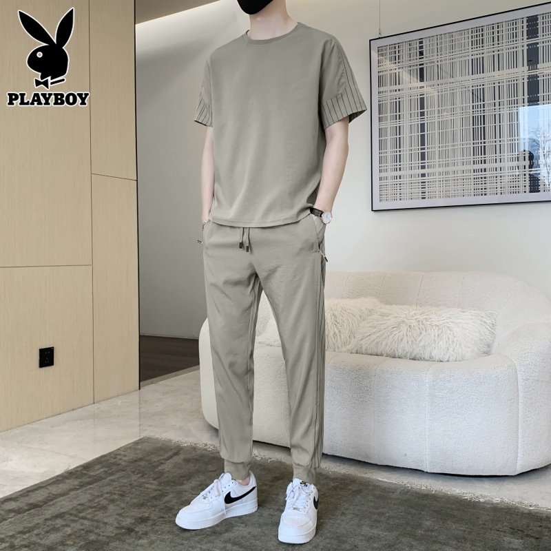 花花公子男士套装夏季2026年新款潮流短袖休闲运动服一套搭配帅气