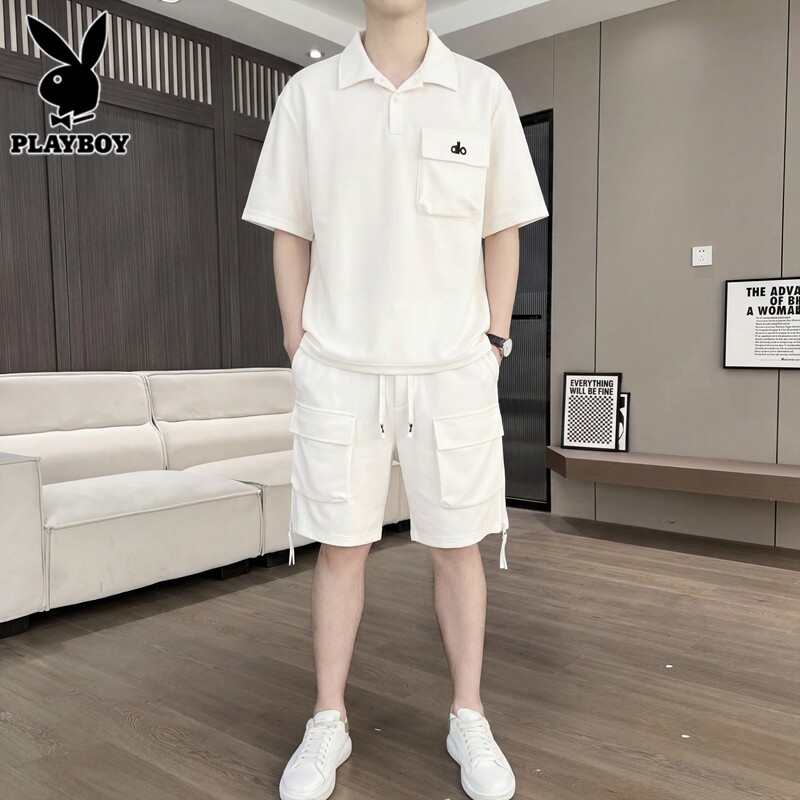 花花公子工装套装男士2026年夏季薄款休闲运动短袖短裤两件套男装