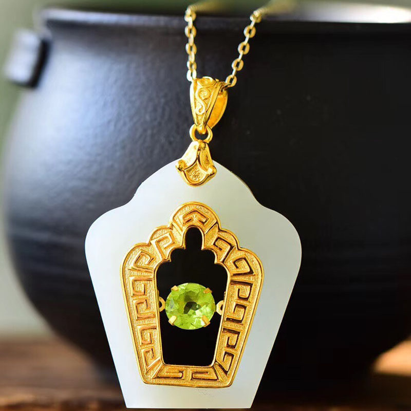 吉自天成和田玉S925纯银金镶玉坠观音佛平安扣如意锁骨百搭项链女