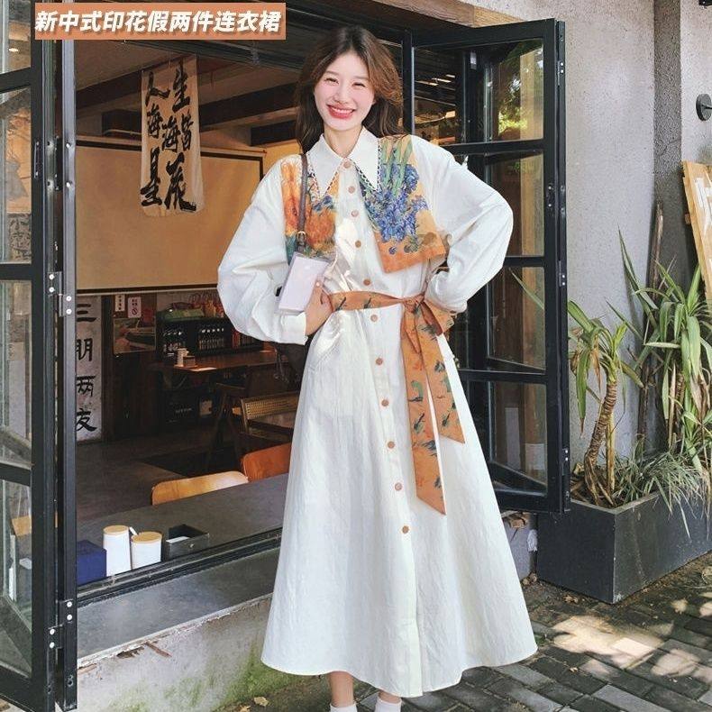 2025春秋新款时尚设计感新中式印花拼接假两件时尚百搭长袖连衣裙