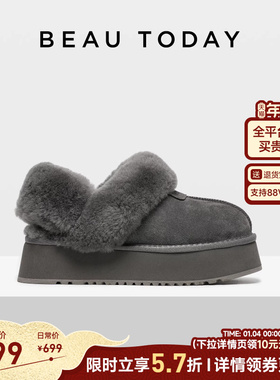 BeauToday泰迪系列厚底雪地靴女款加绒毛毛鞋保暖棉鞋BT低帮半拖