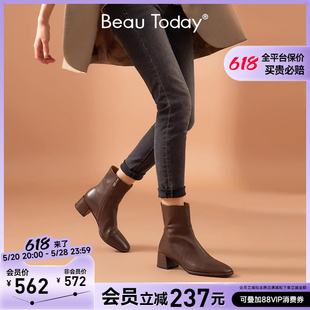 BeauToday秋冬新款 瘦瘦靴短靴中跟方头切尔西女靴子真皮裸靴羊皮