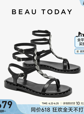 BeauToday真皮罗马凉鞋女2026新款夏季黑色时装凉鞋外穿平底凉鞋