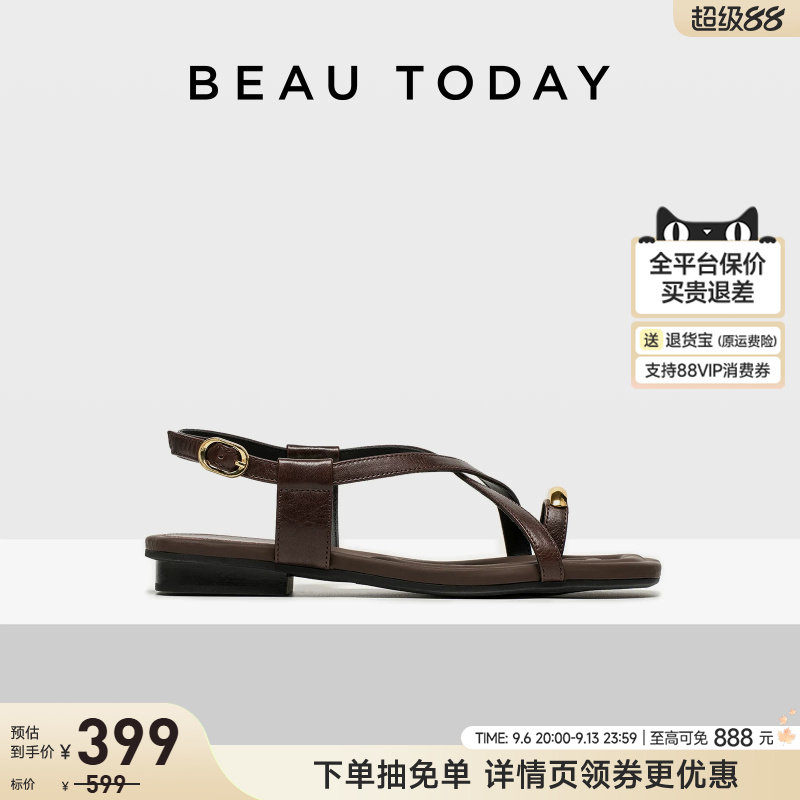 BeauToday平底时装凉鞋女夏季夹趾罗马凉鞋BT海边度假凉鞋女外穿