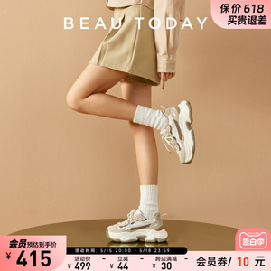 BeauToday厚底老爹鞋女真皮运动鞋2024新款BT休闲鞋女小众溶解鞋