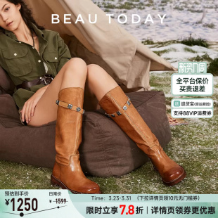 高筒靴美拉德风长靴 BeauToday骑士靴女长筒靴新款 明星同款