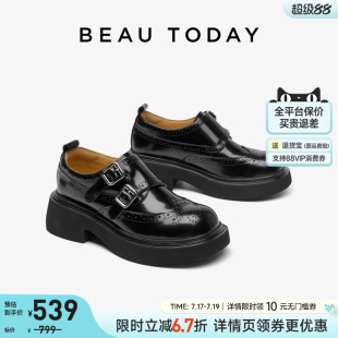 BeauToday厚底乐福鞋女夏季真皮布洛克雕花增高女鞋英伦风小皮鞋