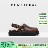 女款 女鞋 春季 保暖真皮毛毛鞋 BT复古穆勒拖鞋 BeauToday厚底勃肯鞋