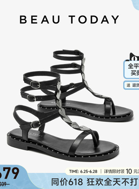 BeauToday真皮罗马凉鞋女2026新款夏季黑色时装凉鞋外穿平底凉鞋