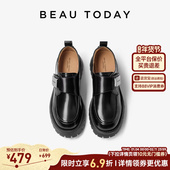 BeauToday黑色乐福鞋 子 厚底单鞋 女款 春增高真皮轻量英伦风小皮鞋
