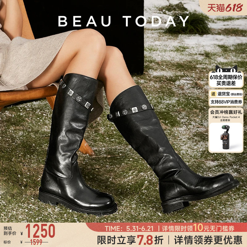 BeauToday真皮骑士靴女款2025秋冬复古长筒靴BT皮带扣西部牛仔靴