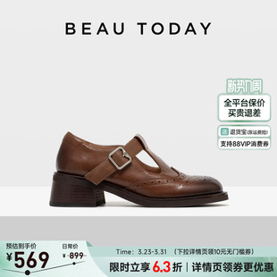BeauToday厚底T字玛丽珍鞋春季复古英伦风乐福鞋女雕花布洛克女鞋