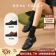 女款 黑色乐福鞋 增高BT真皮孟克鞋 BeauToday英伦小皮鞋 布洛克女鞋