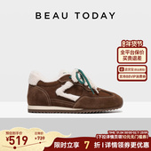 女冬季 BT厚底休闲鞋 保暖内增高运动鞋 BeauToday加绒德训鞋 毛毛鞋