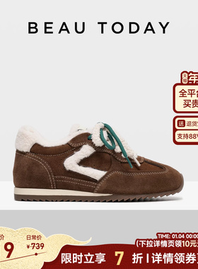 BeauToday加绒德训鞋女冬季BT厚底休闲鞋保暖内增高运动鞋毛毛鞋
