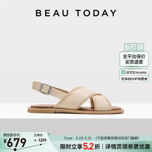 可外穿女式 夏季 真皮平底凉鞋 时尚 女 BeauToday罗马凉鞋 沙滩鞋 女款