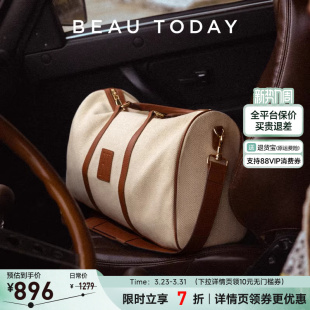 BeauToday手提旅行包大容量BT登机行李包斜挎帆布包棉麻牛皮包女