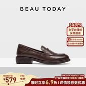女2025新款 秋季 咖色英伦风小皮鞋 BeauToday厚底乐福鞋 一脚蹬单鞋