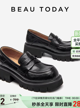 BeauToday厚底乐福鞋女春季黑色粗跟单鞋BT英伦风小皮鞋真皮单鞋