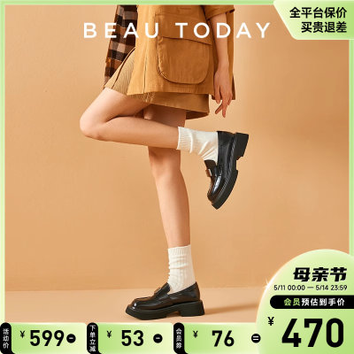 BeauToday粗跟牛皮乐福鞋